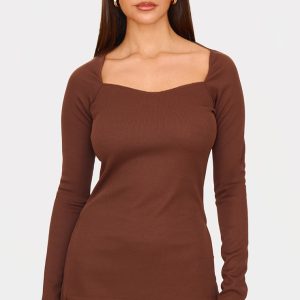 Chocolate Ottoman Ribbed Detail Long Sleeve Top