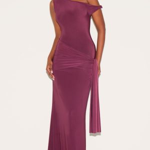 Plum Slinky Off Shoulder Wrap Detail Maxi Dress