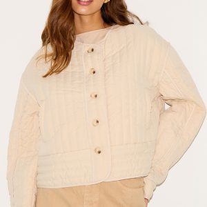Stone Button Up Round Neck Quilted Jacket