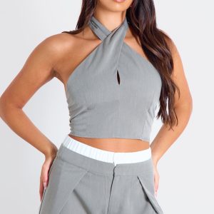 Grey Woven Key Hole Detail Halterneck Top