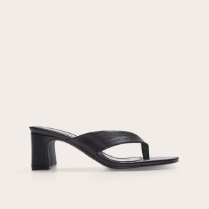 Black Pu Round Toe Thong Mid Block Heeled Mules