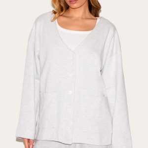 Ice Grey Premium Fleeceback Button Front Sweat Cardigan
