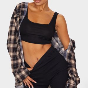 Basic Black Cotton Blend Scoop Neck Crop Top