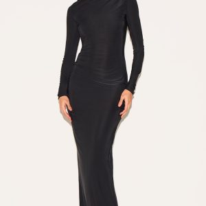 Black Slinky Long Sleeve Open Back Maxi Dress