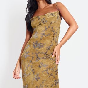 Tall Green Devore Cowl Neck Lace Up Back Maxi Dress
