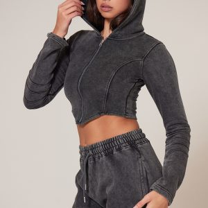 Charcoal Washed Seam Detail Zip Up Corset Hoodie