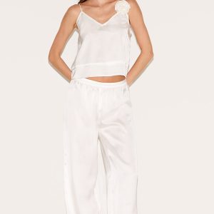White Satin Flower Trim Cami Long Pj Set