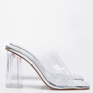 Silver PU Square Toe Perspex Block Heeled Mules