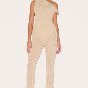 Oatmeal Textured Filigree Knit Wide Leg Trousers