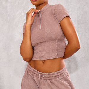 Taupe Washed Zip Up Rib Panel Top
