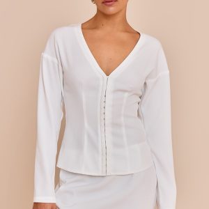 Petite White Collarless Hook And Eye Cinched Waist Long Top