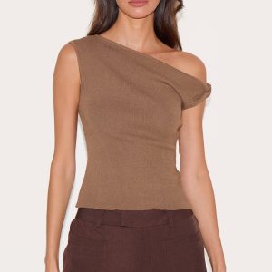 Mocha Fine Knit Twist Neck Vest Top