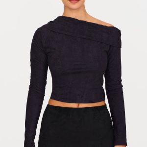 Black Faux Suede Asymmetric Shoulder Long Sleeve Top