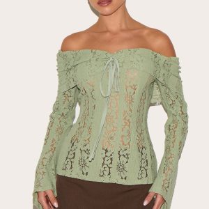 Sage Fitted Lace Flared Sleeve Bardot Top