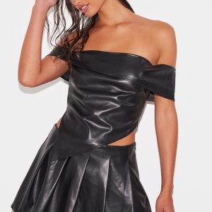 Black Faux Leather Off The Shoulder Top