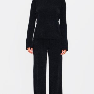 Tall Black Soft Textured Knit Drawstring Wide Leg Trousers