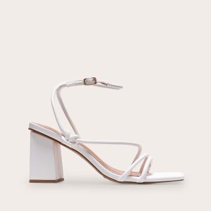 White Pu Square Toe Strappy Tube Asymmetric Block Heeled Sandals