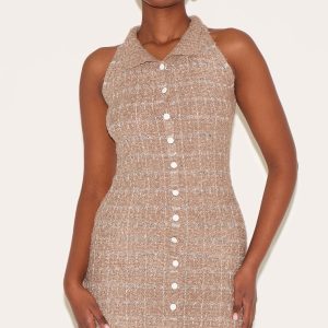 Taupe Boucle Knit Button Through Collar Detal Mini Dress