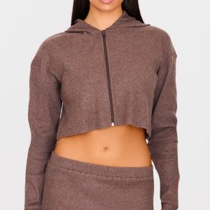 Chocolate Brushed Rib Zip Front Cropped Hoodie