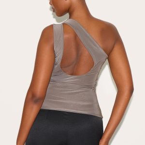 Mushroom Double Layer Slinky Back Detail One Shoulder Top