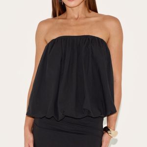 Tall Black Linen Look Ruched Bandeau Top