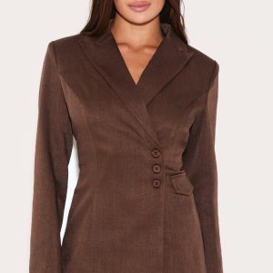 Chocolate Woven Tailored Cinched Waist Blazer