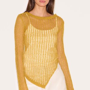Olive Ladder Knit Sheer Asymmetric Hem Top