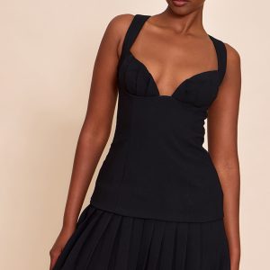 Black Plt Label Tailored Pleated Bust Bodycon Dress