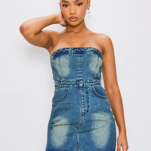 Indigo Blue Wash Zip Detail Bandeau Mini Dress