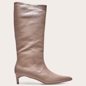 Mushroom PU Point Toe Low Stiletto Knee High Heeled Boots