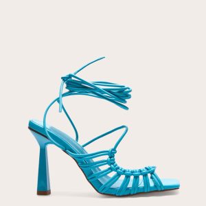 Blue Wide Fit PU Square Toe Knot Lace Up Side Detail High Heeled Sandals