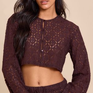Brown Lace Button Detail Crop Top