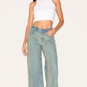 Vintage Mid Rise Button Waistband Wide Leg Jeans