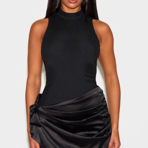 Black Woven High Neck Satin Drape Mini Dress
