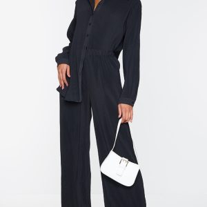Black Plisse High Waisted Wide Leg Trousers