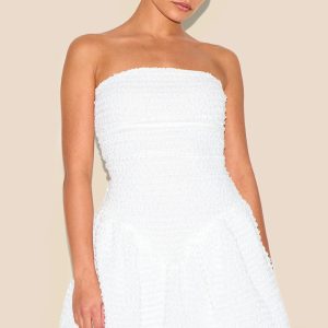 Petite White Jacquard Bandeau Puffball Dress