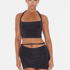 Black Slinky Braided Strap Detail Top
