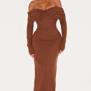 Shape Chocolate Brushed Rib Ruched Fold Over Bardot Maxi Dress