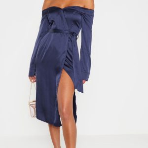 Navy Satin Bardot Lapel Detail Wrap Midi Dress