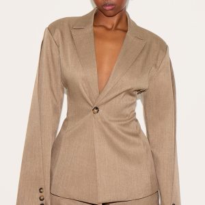 Light Brown Tailored Woven Cinch Waist Blazer