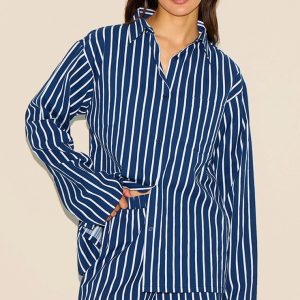 Navy Striped Oversized Long Sleeve Shirt