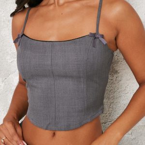 Petite Premium Grey Woven Bow Detail Corset Top