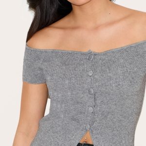 Ash Grey Rib Knit Button Up Bardot Split Hem Top