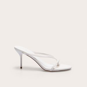 White Pu Round Toe Thong High Stiletto Heeled Mules
