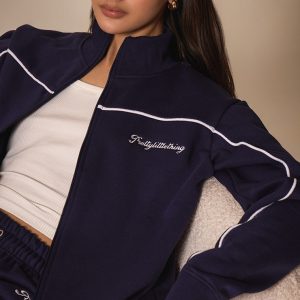 PRETTYLITTLETHING Dark Blue Contrast Piping Detail Zip Through Track Top