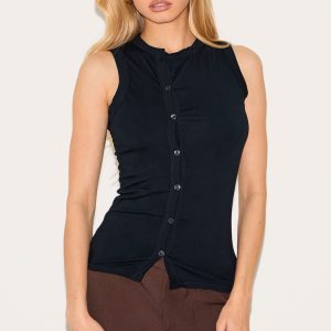 Black Cotton Asymmetric Button Down Top