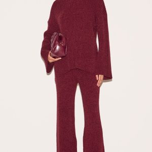 Burgundy Rib Boucle Knit Wide Leg Trousers