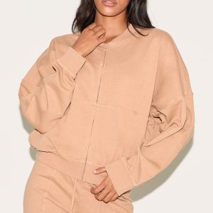 Stone Washed Seam Detail Zip Up Bomber Style Sweatshirt