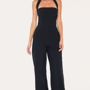 Black Premium Woven Halterneck Straight Leg Jumpsuit