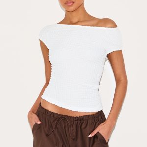 Cream Textured Asymmetric Ruched Detail Long Top